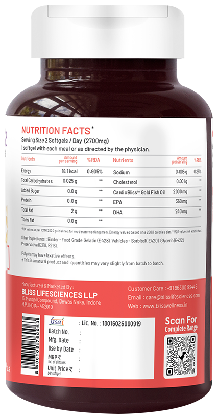 Bliss Welness Heart Health Arctic Fish Oil High Potency Omega-3 Softgel Capsule | Grocsy
