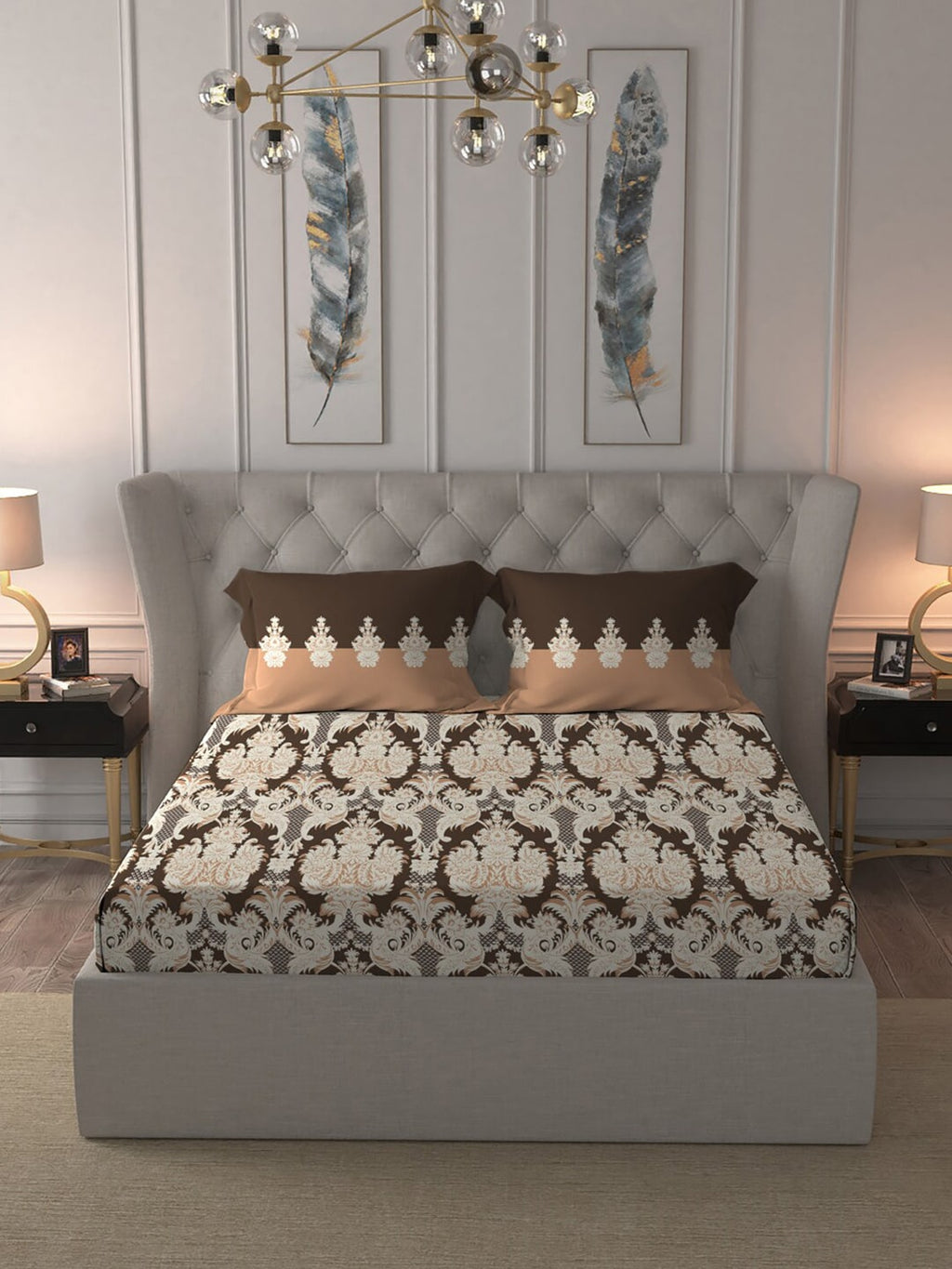 MYTRIDENT Brown White Ethnic Motifs Cotton 144 TC Queen Bedsheet With 2 Pillow Covers | Grocsy