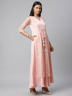 Ahalyaa Women Pink Crepe & Net Foil Print Dress | Grocsy