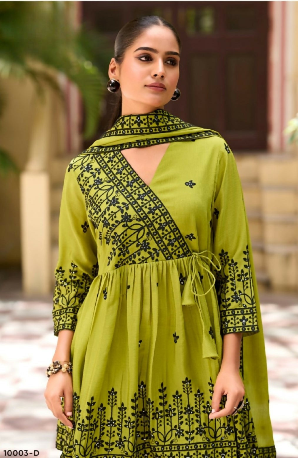 Anaita Mehendi Chinon Readymade Sharara Suit with Embroidery Work | Grocsy
