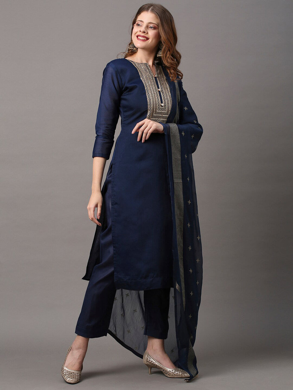 Saree Mall Navy Blue & Gold-Toned Embroidered Unstitched Dress Material | Grocsy