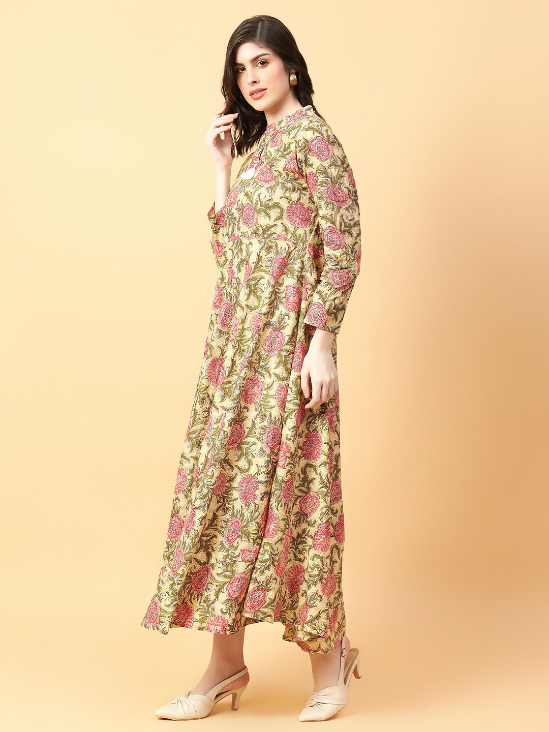 Joban Fashion Beige Cotton Printed & Hand Work Dress | Grocsy