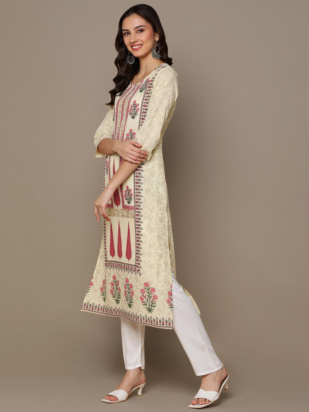 HERE&NOW Cream-Color & Pink Floral Printed Straight Kurta | Grocsy