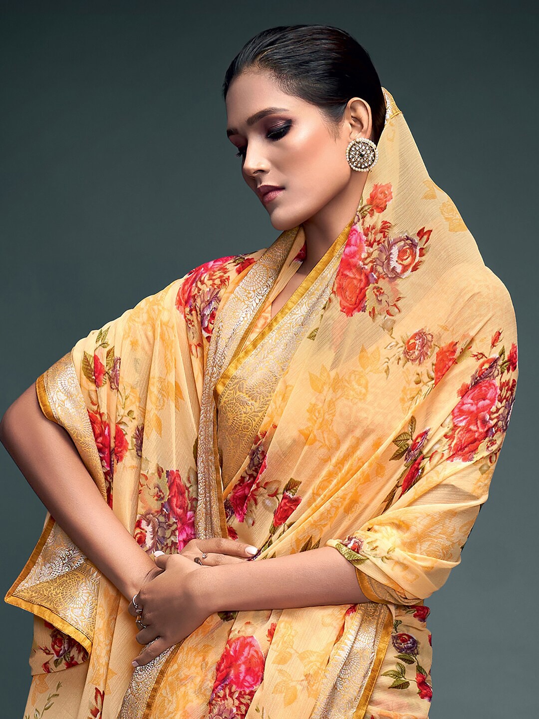 Saree Mall Yellow & Gold-Toned Floral Pure Georgette Banarasi Saree | Grocsy
