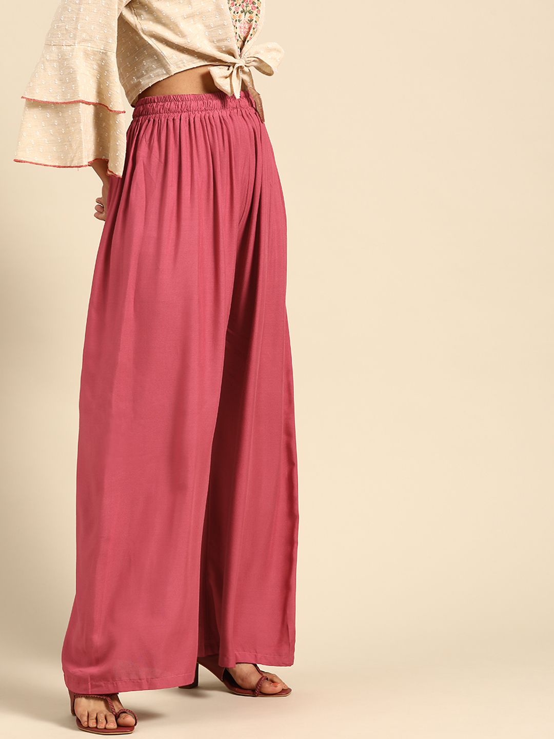 TAG 7 Women Pink Solid Wide Leg Palazzos | Grocsy