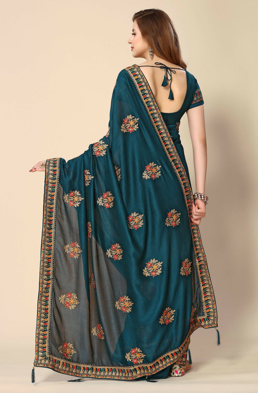 Teal Chinon Embroidered Saree with Unstitched Blouse Piece - Roozal | Grocsy