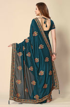 Teal Chinon Embroidered Saree with Unstitched Blouse Piece - Roozal | Grocsy
