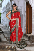 Joban Fashion Red Crepe Chiffon Pure Handloom Banarasi Silk Saree | Grocsy