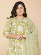 Miravan Women's Yellow Plus Size Floral Anarkali Kurta With Dupatta | Grocsy