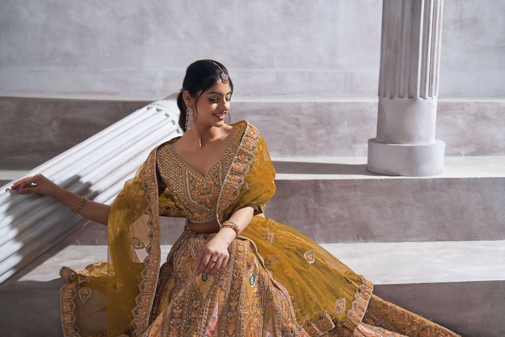 Kesar Fab Dark-Mustard Banarasi Silk Hand_Woven Lehenga | Grocsy