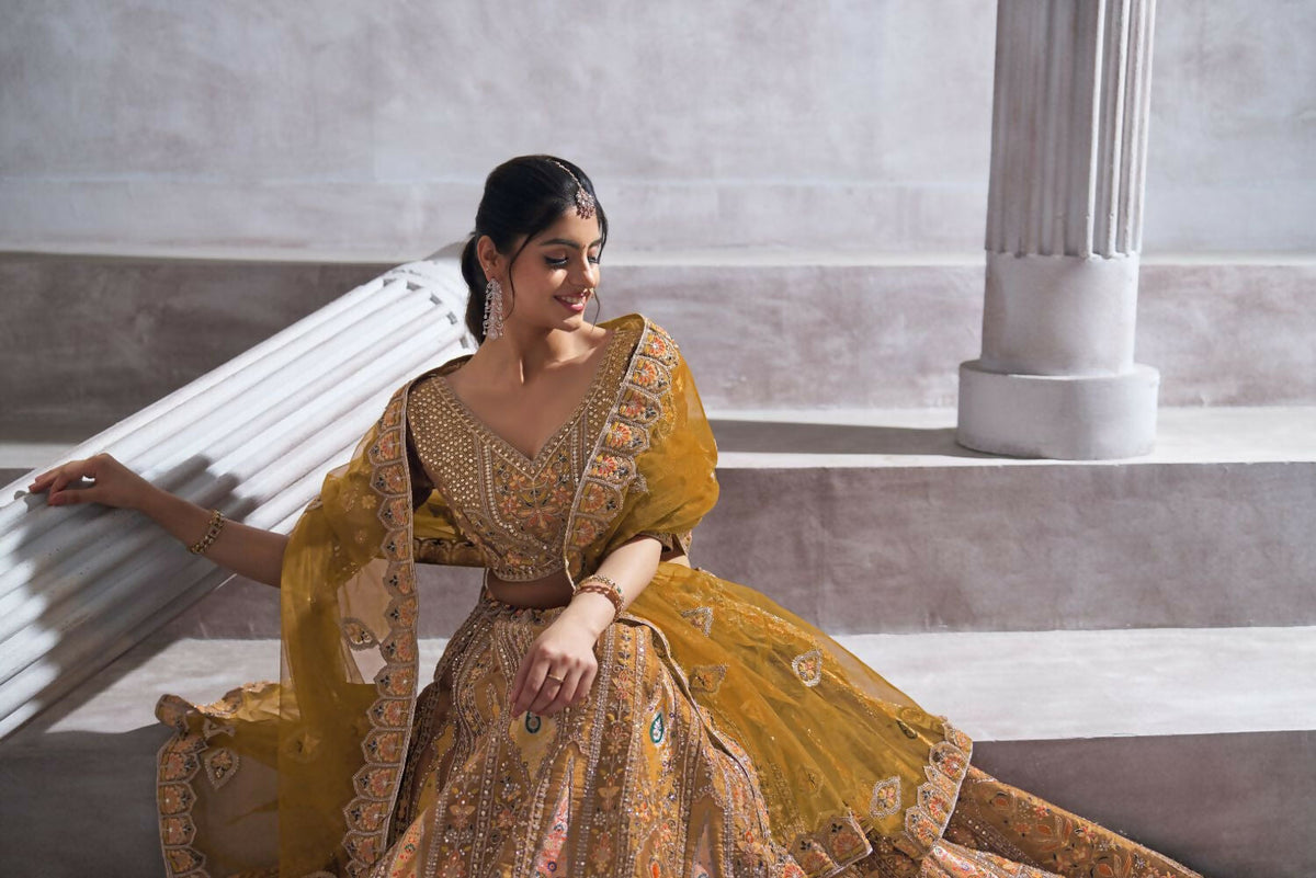 Kesar Fab Dark-Mustard Banarasi Silk Hand_Woven Lehenga | Grocsy