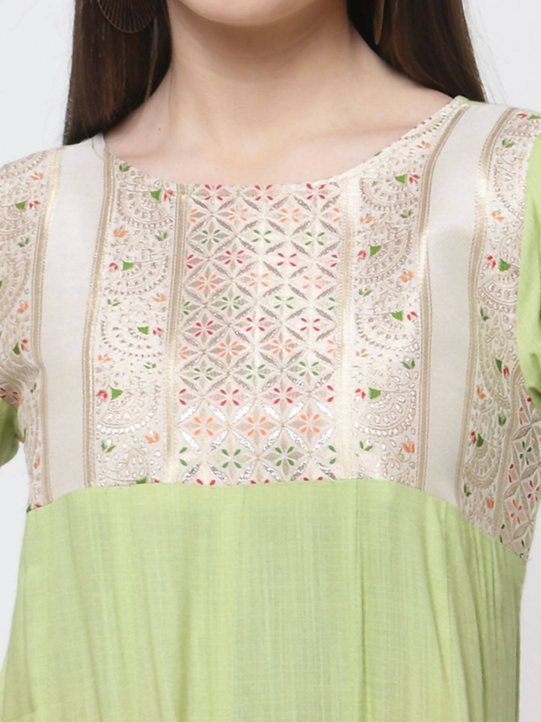 Myshka Women's Green Rayon Printed 3/4 Sleeve Round Neck Casual Anarkali Dupatta Set | Grocsy