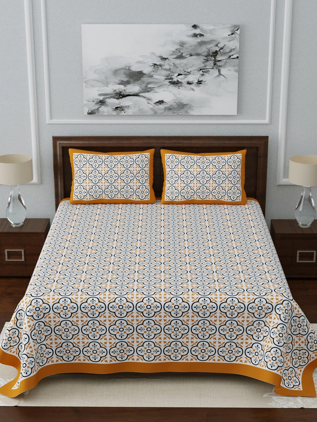LIVING ROOTS White & Blue Ethnic Motifs Jaipuri 210 TC Cotton Double King Bedsheets With 2 Pillow Covers | Grocsy
