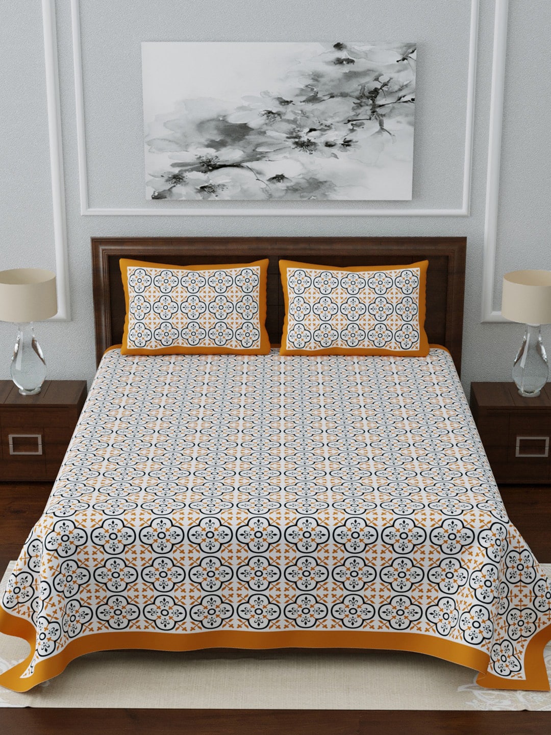 LIVING ROOTS White & Blue Ethnic Motifs Jaipuri 210 TC Cotton Double King Bedsheets With 2 Pillow Covers | Grocsy