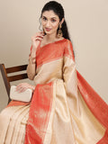 Saree Mall Off White & Red Woven Design Zari Silk Blend Banarasi Saree | Grocsy