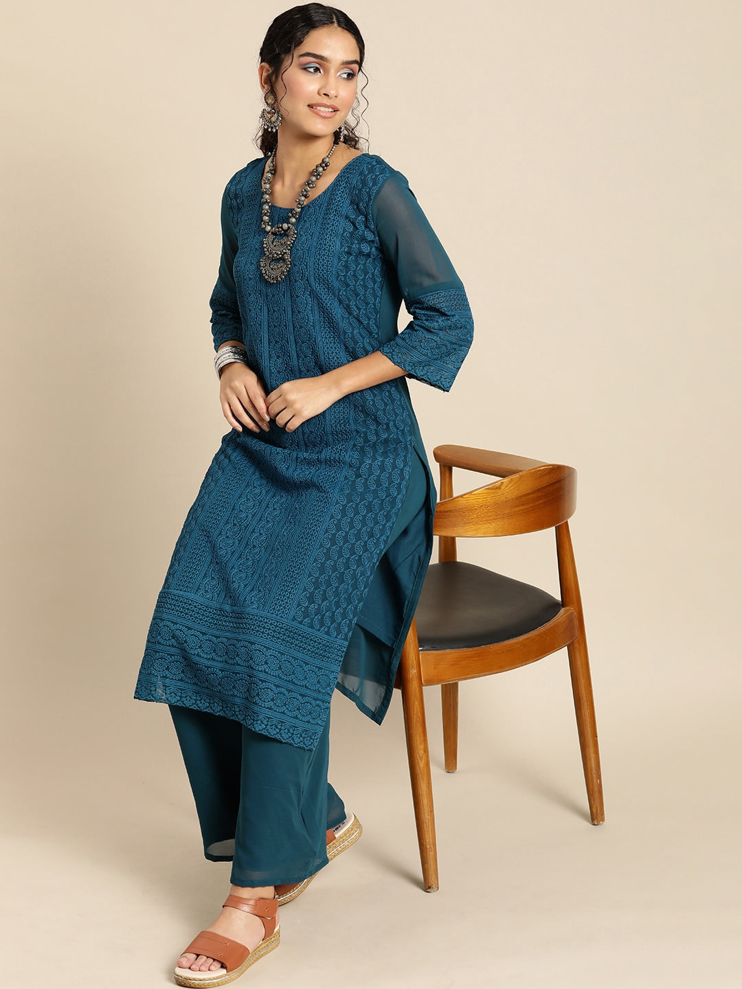 Sangria Women Teal Blue Ethnic Motifs Chikankari Kurta with Palazzos | Grocsy