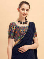 Sangria Navy Blue Solid Saree | Grocsy