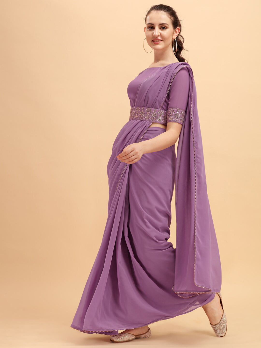 Sangria Women Purple Solid Georgette Saree with Embellished Belt | Grocsy
