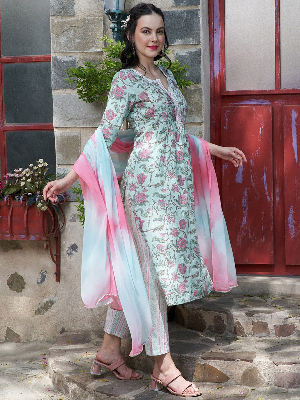 Sangria Printed Pure Cotton Straight Kurta With Trouser & Dupatta | Grocsy