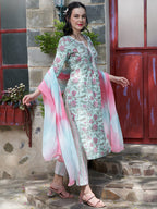 Sangria Printed Pure Cotton Straight Kurta With Trouser & Dupatta | Grocsy