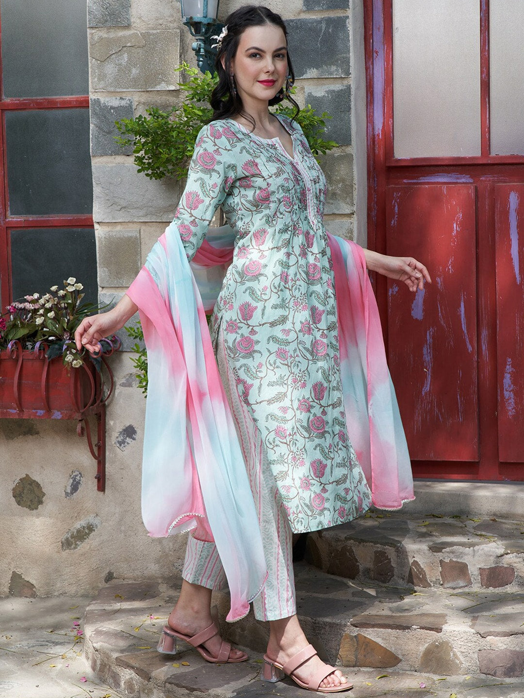 Sangria Printed Pure Cotton Straight Kurta With Trouser & Dupatta | Grocsy