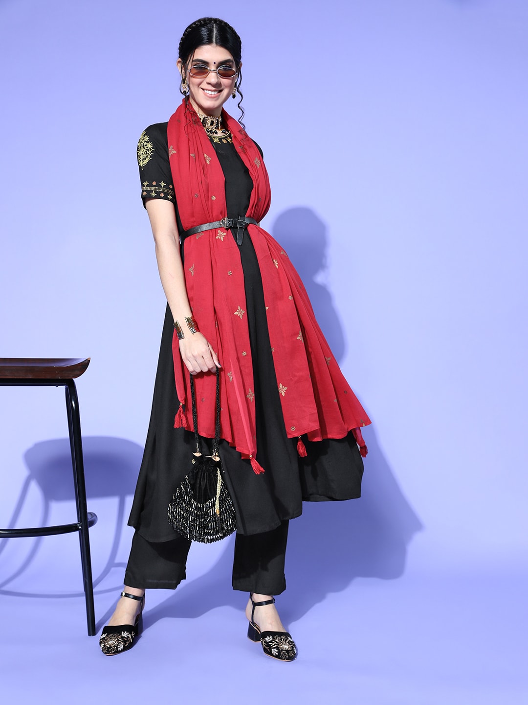 HERE&NOW Women Black & Red Embroidered Kurta Set | Grocsy