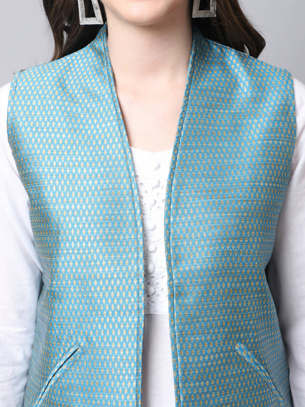 Even Apparels Blue Bansari Silk Open Front Gillet | Grocsy