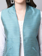 Even Apparels Blue Bansari Silk Open Front Gillet | Grocsy