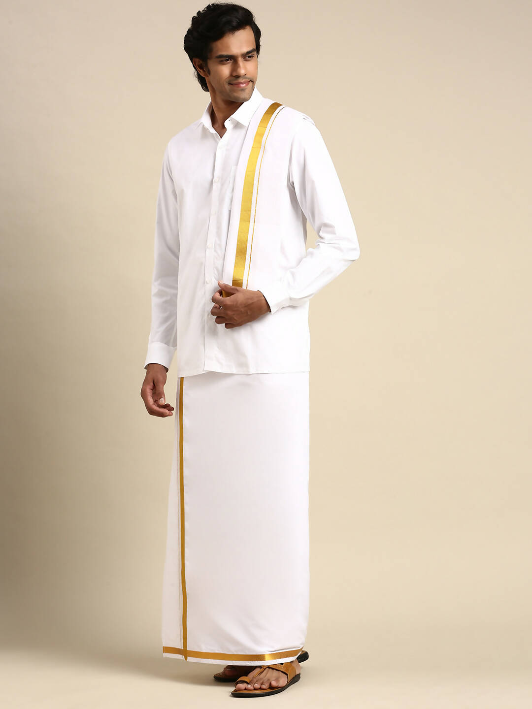 Ramraj Cotton Mens Wedding Set White Regular Dhoti, Shirt & Towel | Grocsy