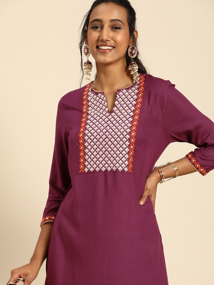 All About You Women Purple Ethnic Motifs Yoke Design Regular Thread Work Kurta with Trousers | Grocsy