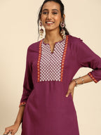 All About You Women Purple Ethnic Motifs Yoke Design Regular Thread Work Kurta with Trousers | Grocsy