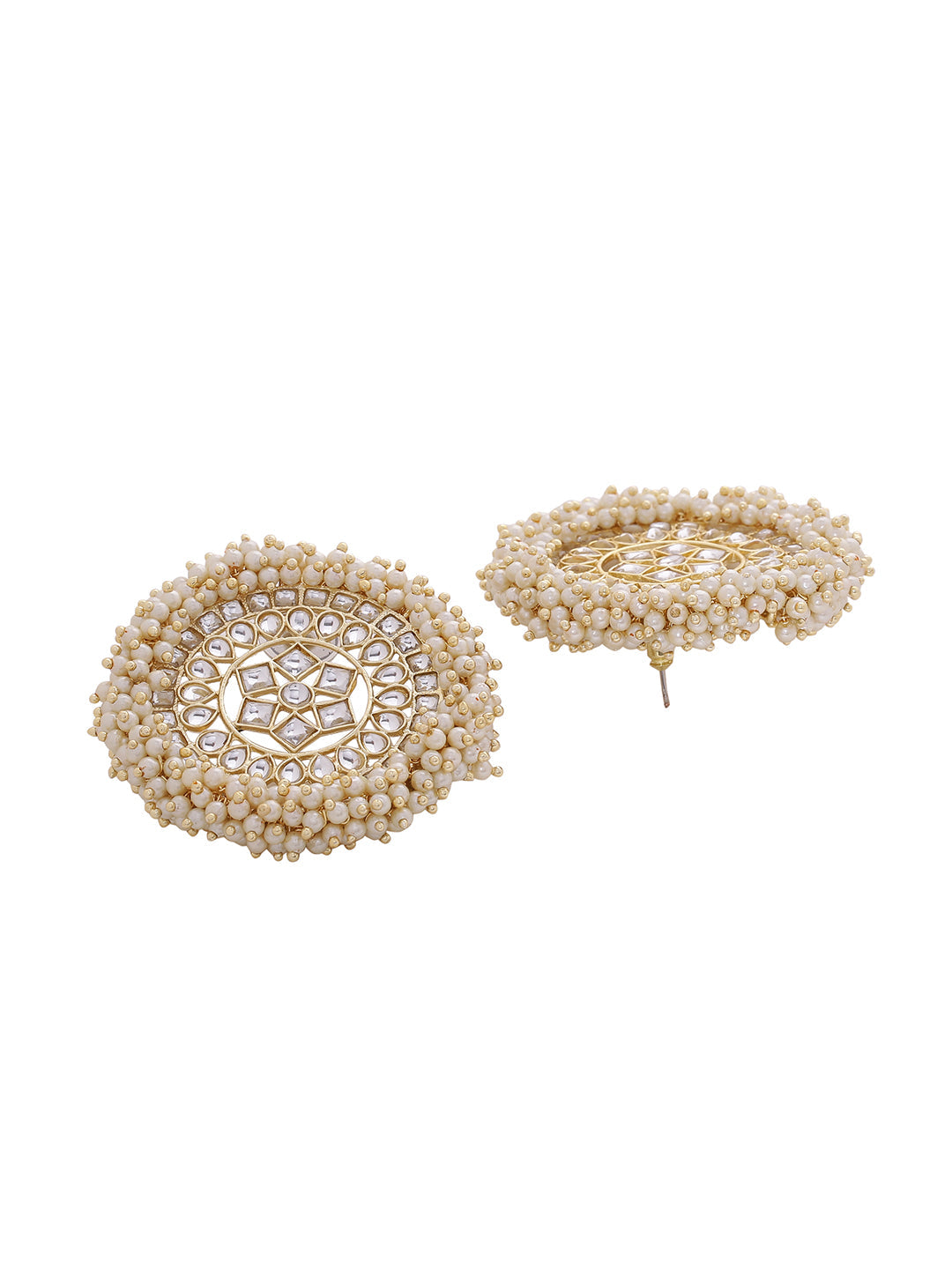 Shoshaa off-White Gold-Polished Kundan Studded & Beaded Circular Drop Earrings | Grocsy