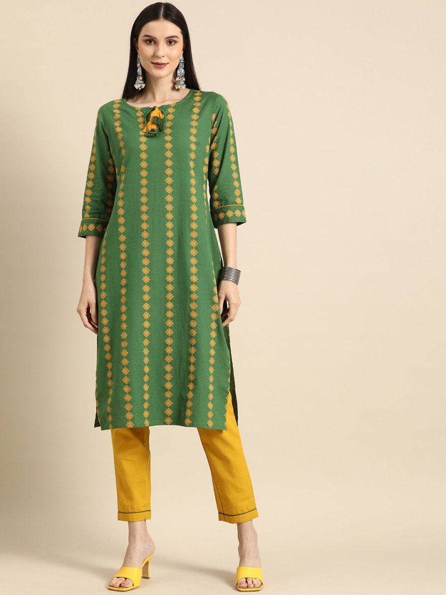 All About You Women Green Ethnic Motifs Printed Kurta with Mustard Yellow Trousers | Grocsy