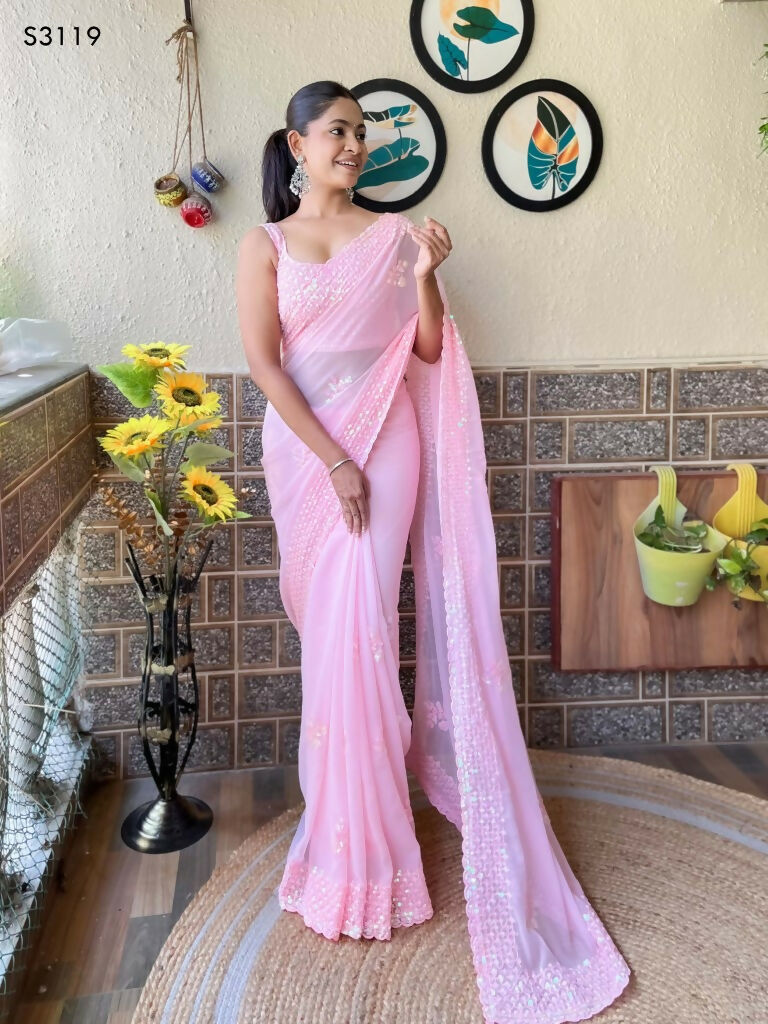 Pink Georgette Sequence Embroidery Cut Work Saree - Saadia | Grocsy