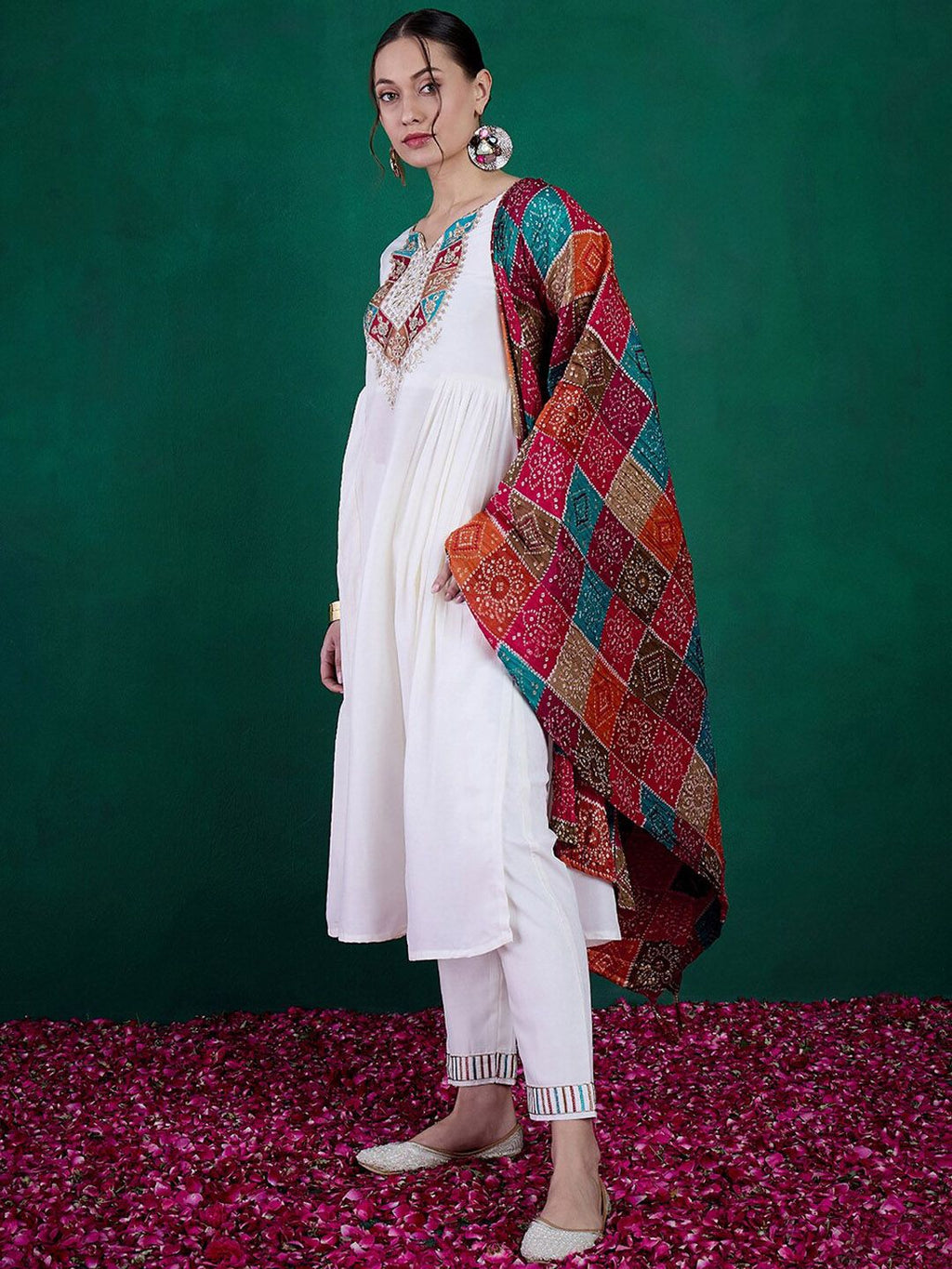 Sangria Floral Yoke Embroidered Straight Kurta & Trousers With Dupatta | Grocsy