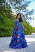The52 Women's Gorgeous Flared Partywear Designer Poly Rayon Gown-Blue | Grocsy