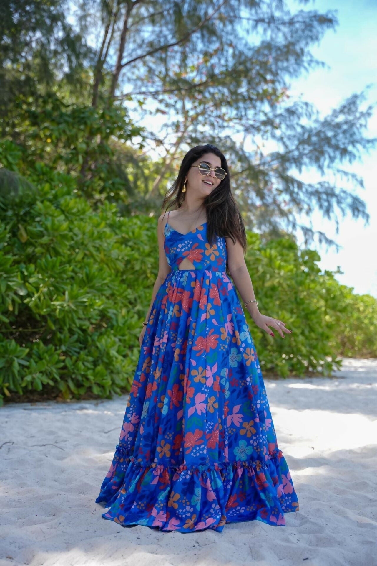 The52 Women's Gorgeous Flared Partywear Designer Poly Rayon Gown-Blue | Grocsy