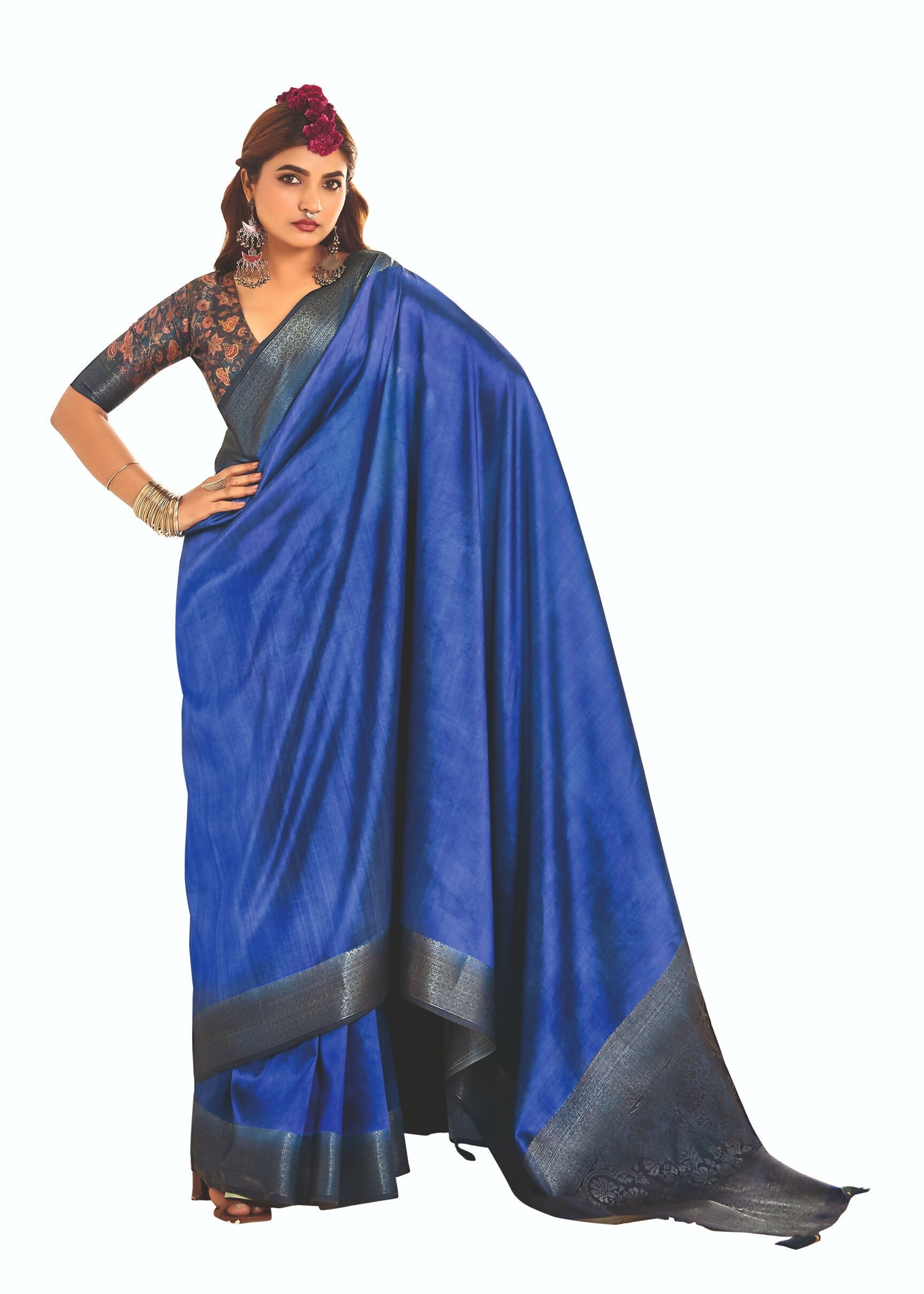 Joban Fashion Satin Silk With Zari Border Blue Colored Designer Pallu Saree | Grocsy