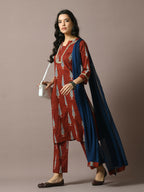 Myshka Women's Rust Printed Cotton Straight Party Kurta Set With Dupatta | Grocsy