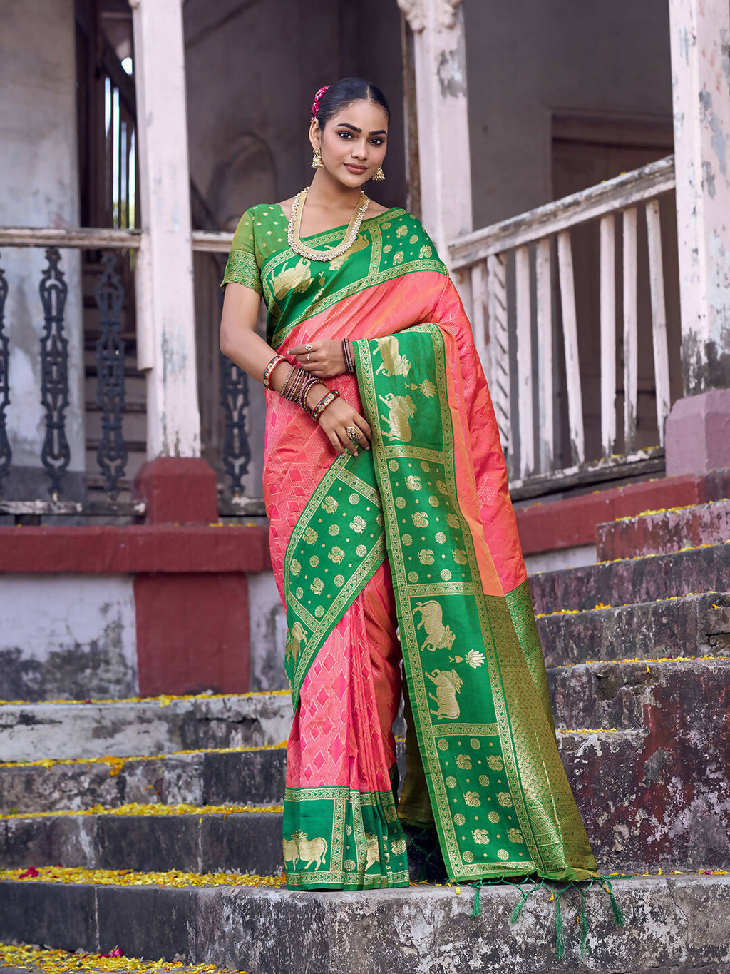 Shree Shyam Fashion Peach Soft Silk Saree | Grocsy