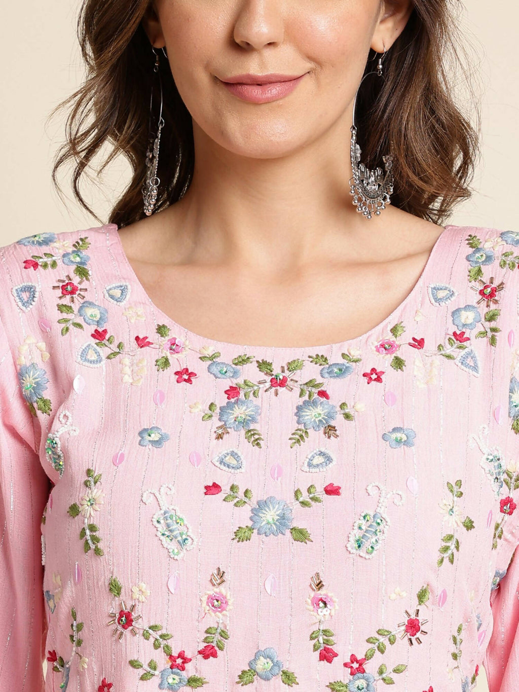 Pink Chinon Floral Embroidered Dress - Nandani | Grocsy