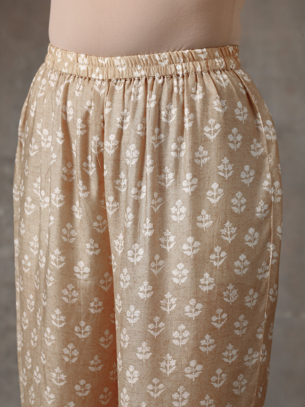 trueBrowns Beige White Printed Silk Co-Ord Set | Grocsy