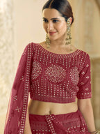Myra Maroon Soft Net Embroidered Lehenga | Grocsy