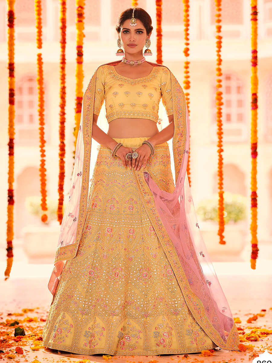 Myra Yellow Organza Embroidered Designer Lehenga | Grocsy