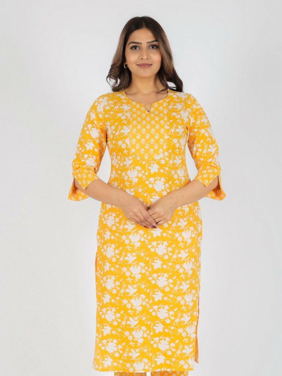 Aramya Yellow Soft Cotton Floral Straight Kurta for Women | Grocsy