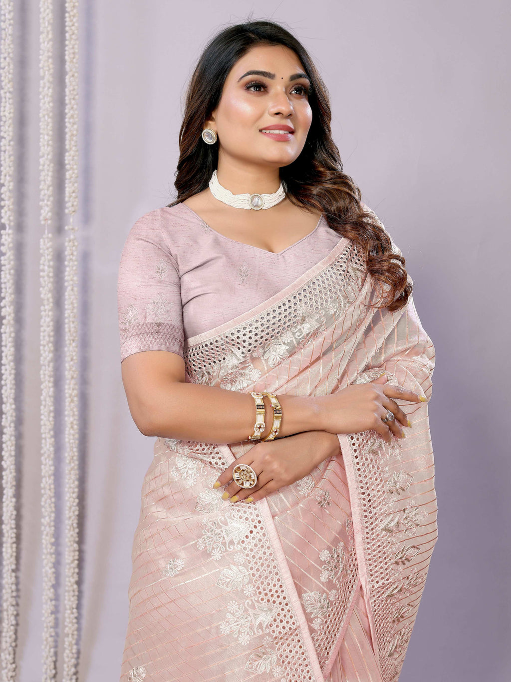 Pink Silk Embroidered Saree With Unstitched Blouse - Nimaya Kaksha | Grocsy