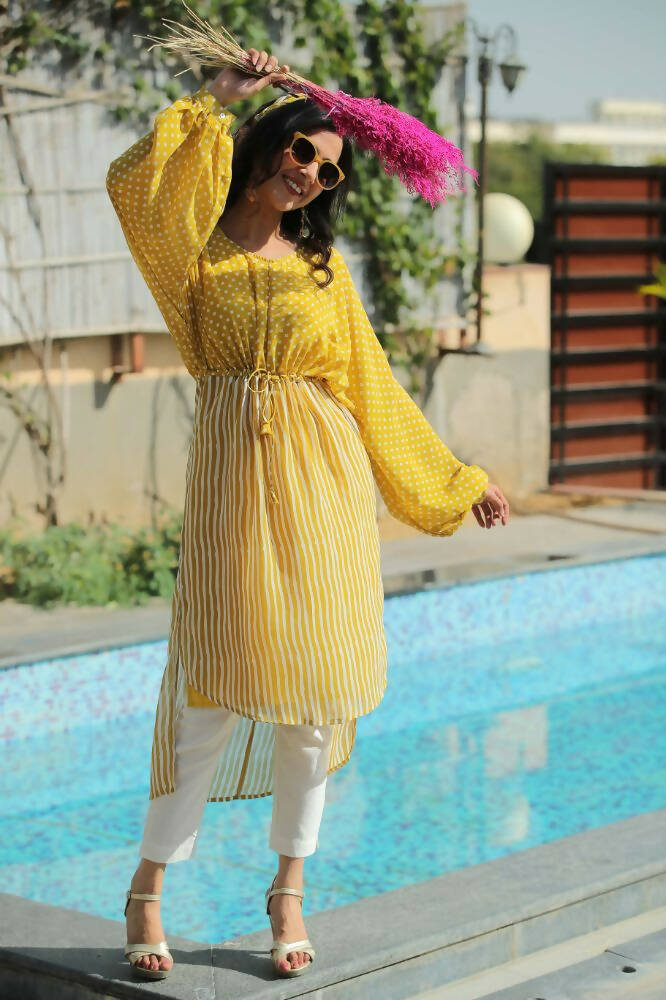 Juniper Women Mustard Georgette Bandhani High-Low Tunic | Grocsy