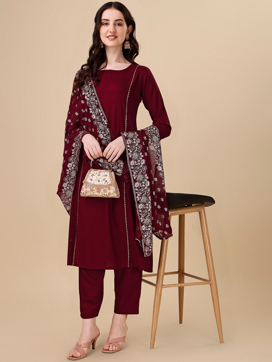 HERE&NOW Maroon & White Gotta Patti Kurta with Trousers & Dupatta | Grocsy