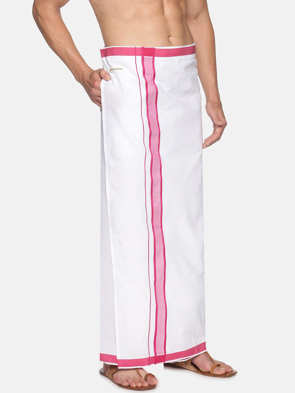 Sethukrishna White & Pink Solid Cotton Dhoti For Men | Grocsy