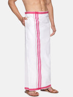 Sethukrishna White & Pink Solid Cotton Dhoti For Men | Grocsy